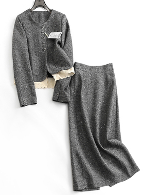 灰色小香风套装裙蕾丝拼接长袖外套可配一整套半身裙女两件套J974