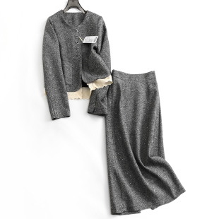 灰色小香风套装 外套可配一整套半身裙女两件套J974 裙蕾丝拼接长袖