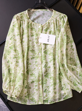 绿色印花宽松显瘦薄款冰感圆领单排扣长袖防晒外套雪纺女衬衫Z986