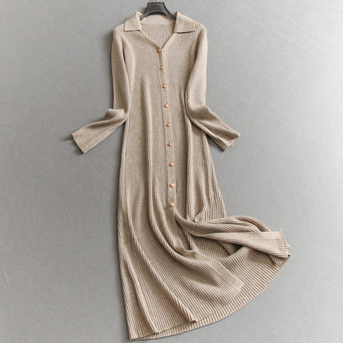 优雅气质V领单排扣弹力连衣裙女