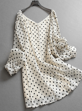法式波点V领显瘦收腰灯笼长袖薄款防晒气质优雅女裙子连衣裙Z375