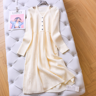 纯色显瘦修身 气质挂脖假两件内搭裙毛衣长裙打底女裙连衣裙子M723