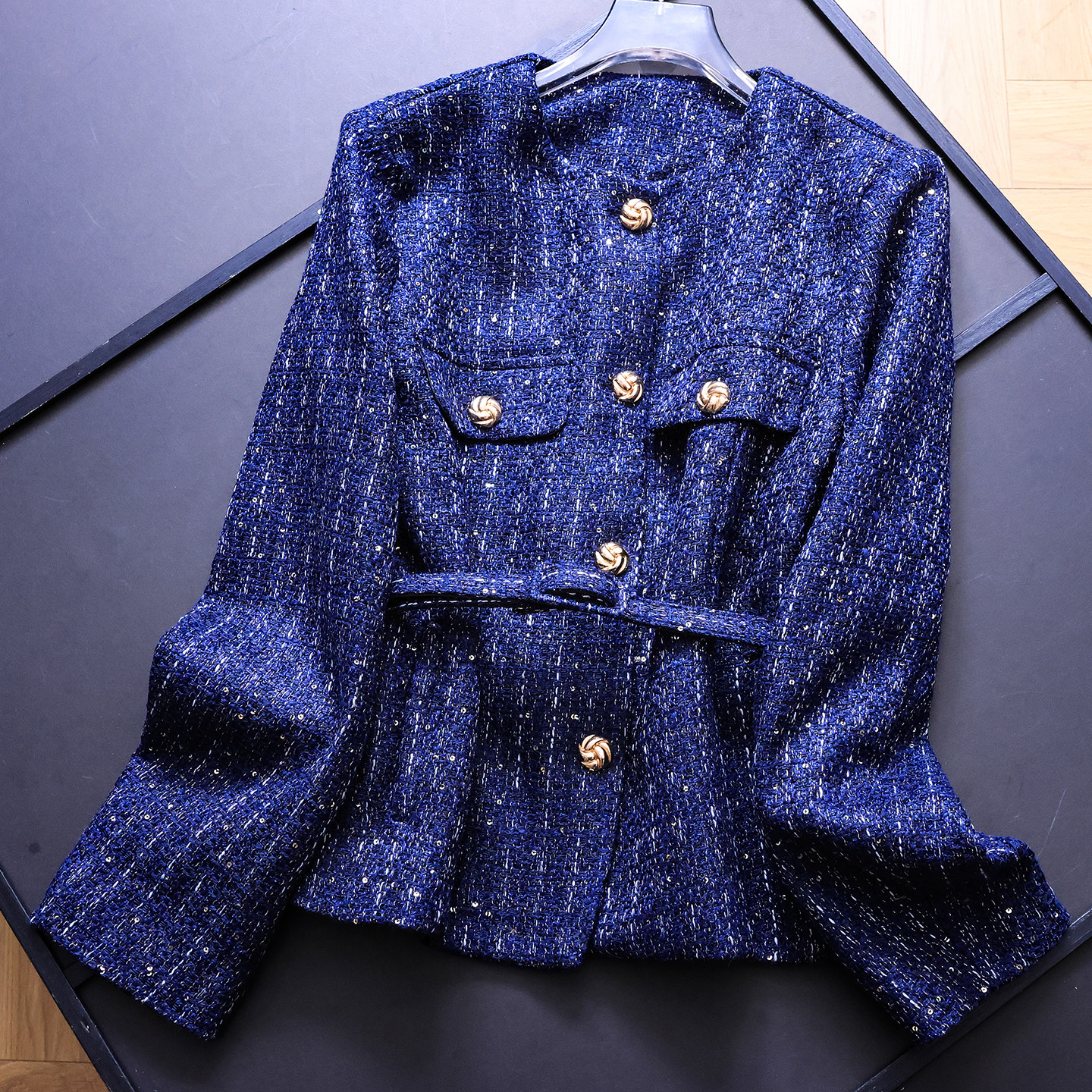 蓝色优雅知性粗花呢系腰带外套女