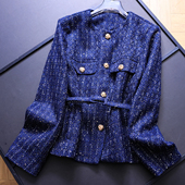 圆领长袖 蓝色优雅知性粗花呢系腰带2025秋季 新款 小香风女外套B321