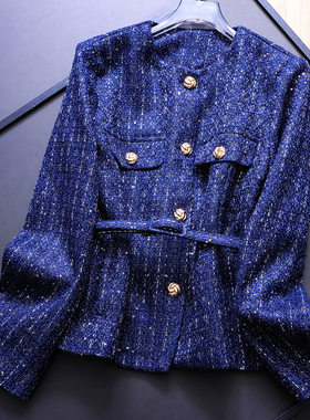 蓝色优雅知性粗花呢系腰带2025秋季新款圆领长袖小香风女外套B321