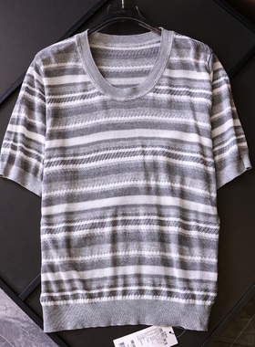 灰色条纹冰感薄款柔软亲肤2025夏季新款圆领通勤短袖女针织衫Z983