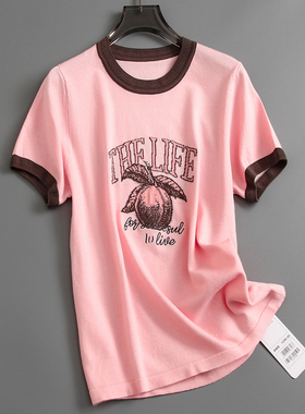 「遮肉显瘦不挑身材」撞色圆领提花图案柔软透气短袖女针织衫K995