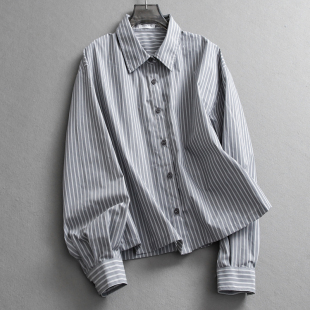 百搭休闲衬衫 长袖 女L906 新款 条纹宽松廓形显瘦翻领单排扣2025春季