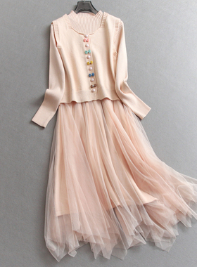 彩色纽扣遮腹显瘦网纱拼接假两件长袖过膝打底裙针织连衣裙女N070