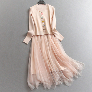 彩色纽扣遮腹显瘦网纱拼接假两件长袖 过膝打底裙针织连衣裙女N070