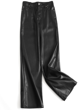 纯色加绒内里高腰显瘦垂感窄版长裤阔腿休闲裤软软的直筒皮裤J080