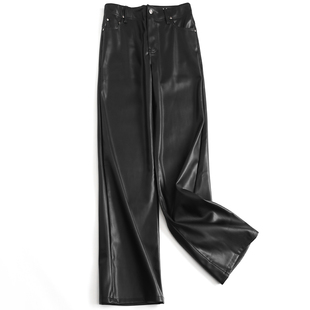 纯色加绒内里高腰显瘦垂感窄版长裤阔腿休闲裤软软的直筒皮裤J080