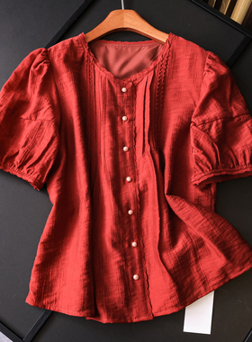 纯色风琴褶皱蕾丝花边圆领宽松显瘦泡泡袖夏季百搭短袖女衬衫X692