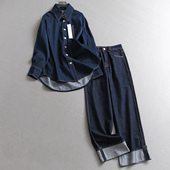 长袖 牛仔衬衫 可配一套阔腿长裤 纯色宽松廓形翻领中长款 套装 女V168