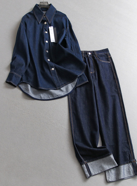 纯色宽松廓形翻领中长款长袖牛仔衬衫可配一套阔腿长裤套装女V168