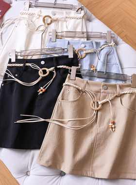 腰带装饰纯色高腰显瘦a字裙2026春季新款通勤百搭短裙半身裙W417