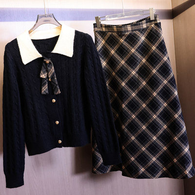 学院风针织衫格子半身裙两件套装