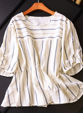 纯棉撞色条纹宽松缩褶显瘦圆领2025夏季新款泡泡短袖女装衬衫X636