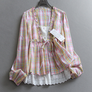 减龄女衬衫 长袖 W701 新款 粉色格纹镂空拼接假两件宽松显瘦2026春季