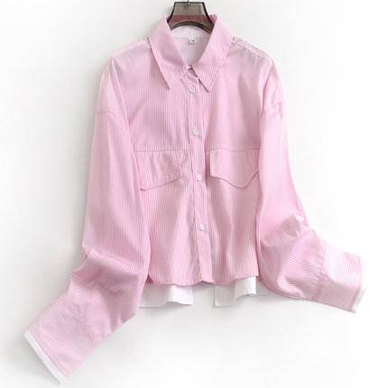 粉色条纹宽松口袋饰翻领单排扣2024年秋通勤百搭长袖女装衬衫F710