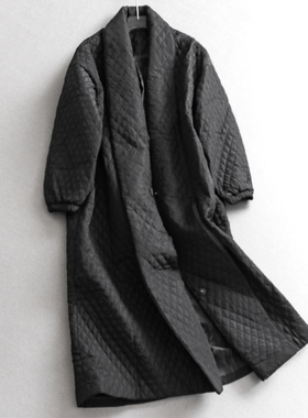 纯色大翻领菱格绗缝夹棉保暖过膝长款宽松外套女长袖棉衣棉服M144