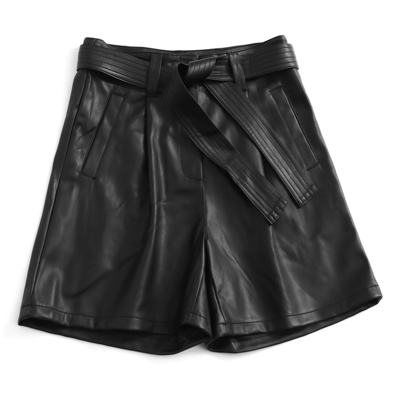 黑色绑带显瘦高腰a字时尚阔腿裤2024秋新款气质PU皮女裤短裤G840