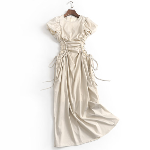 淑女A字裙圆领纯色交叉系带女裙