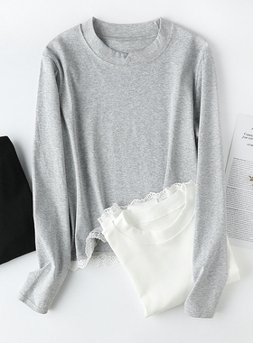 韩系蕾丝花边拼接长袖气质简约2025秋季新款打底衫弹力T恤女B437