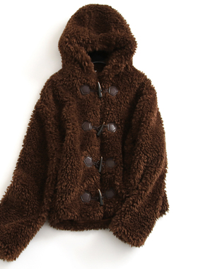 美拉德棕色加厚牛角扣皮草效果仿羊羔毛长袖百搭女装连帽外套G944