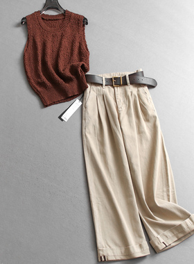 纯色编织钩花镂空圆领无袖针织背心可配一整套阔腿裤女套装C729