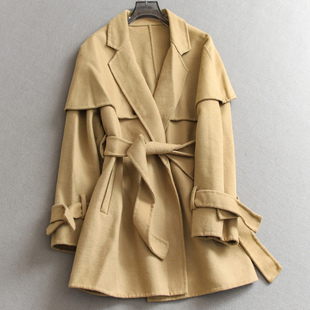 可拆卸斗篷系带西装 羊毛大衣毛呢外套女M709 领双排扣双面呢中长款