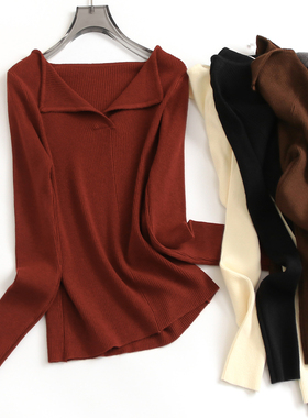 纯色罗纹弹力显瘦修身折叠V领内搭打底毛衣秋冬新款女针织衫F670