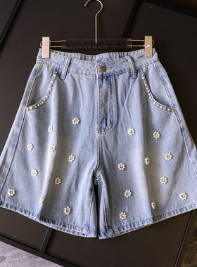 重工镶钻钉珠显瘦高腰A字版型宽松直筒裤阔腿短裤女裤牛仔裤L916