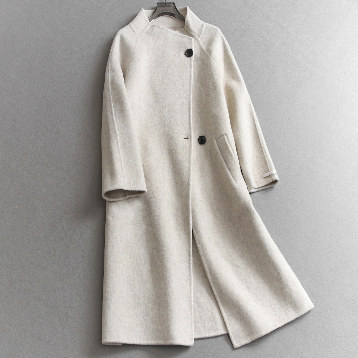 立领斜门襟双面呢羊毛长款大衣