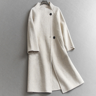 毛呢外套M264 女装 纯色高智感立领斜门襟双面呢羊毛长款 大衣长袖