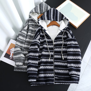 「情侣款 外套卫衣M229 」复合奥利绒条纹连帽加绒加厚宽松显瘦长袖