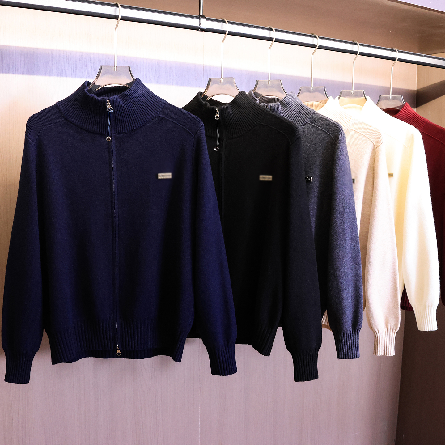 纯色立领双拉链长袖毛衣开衫外套