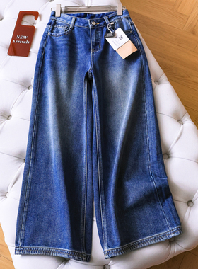 波浪明线磨毛薄绒宽松阔腿裤高腰显瘦显腿长遮跨直筒牛仔裤女Q119