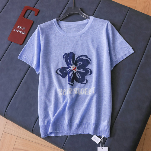撞色花朵提花松弛感凉感针织衫女