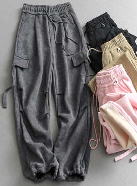 纯色运动休闲风松紧腰加绒加厚保暖工装直筒休闲裤卫裤女长裤M564