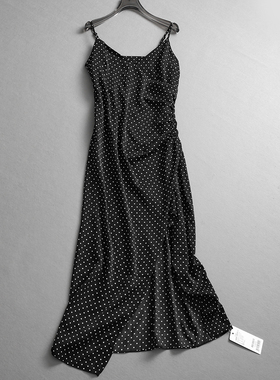 黑色波点捏褶收腰修身V领无袖细肩带吊带裙显瘦长裙女连衣裙L192