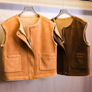 纯色复古麂皮绒加厚仿羊羔毛内里圆领皮毛一体背心外套女马夹N950