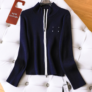 外套通勤休闲百搭女毛衣Q339 针织开衫 撞色立领双拉链弹力修身 长袖