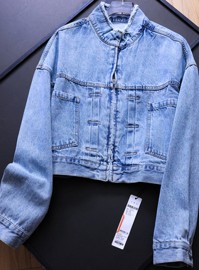 蓝色磨白宽松显瘦口袋立领拉链门襟2025秋新款长袖女牛仔外套B395