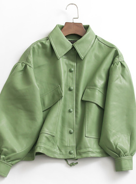 Y564纯色宽松口袋翻领单排扣秋季新款2022韩版百搭减龄外套女皮衣