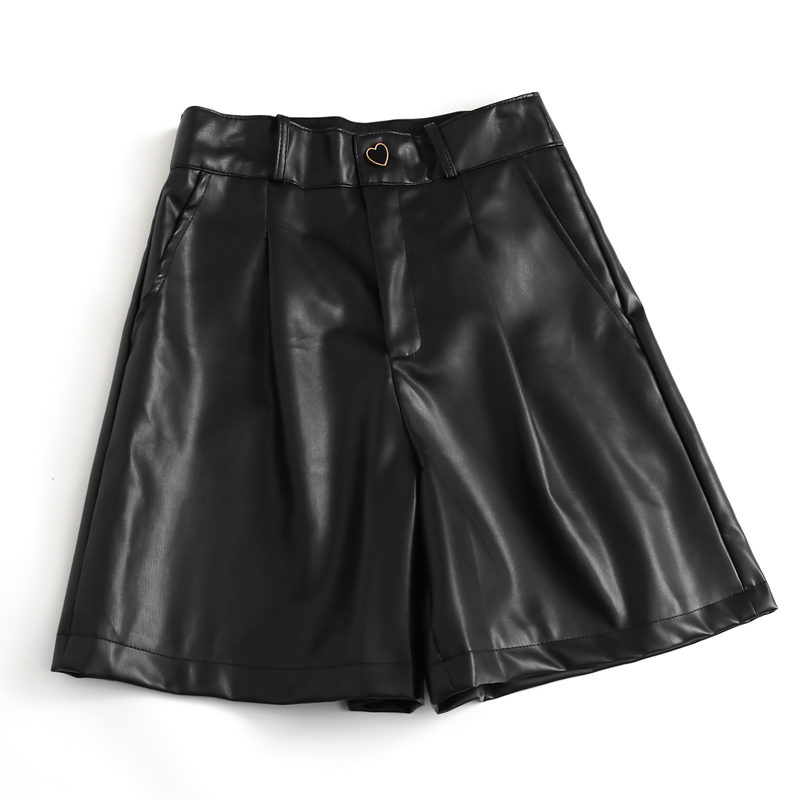 黑色高腰显瘦捏褶皮裤女裤短裤