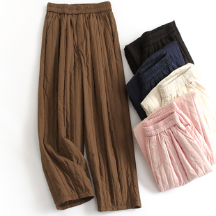 休闲裤 纯色绗缝夹棉加厚松紧腰阔腿裤 女裤 复古棉裤 H424 2024冬新款