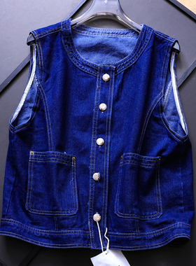 复古蓝色对称口袋圆领宽松显瘦叠穿外搭背心坎肩无袖牛仔马夹B291