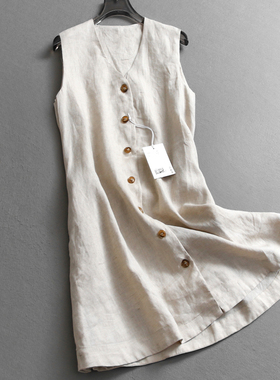 纯色系带收腰显瘦V领纽扣亚麻女裙子背心裙气质衬衫裙连衣裙X477