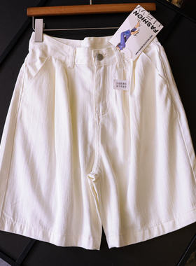 纯色压褶高腰显瘦宽松直筒裤通勤百搭牛仔裤女短裤阔腿裤中裤X879